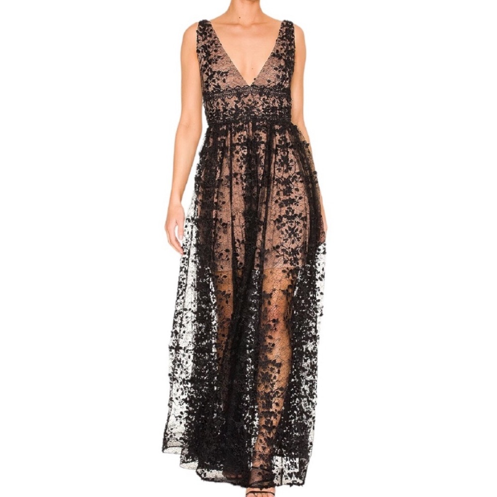Bronx and Banco Megan Lace Maxi Dress V-Neck Sleeveless Black Noir Size Medium